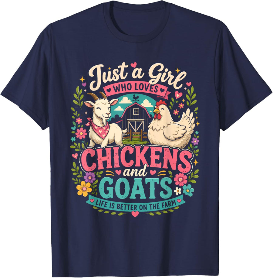 Just A Girl Who Loves Chickens and Goats Toddler Farm Animal T-Shirt - Navy Blue