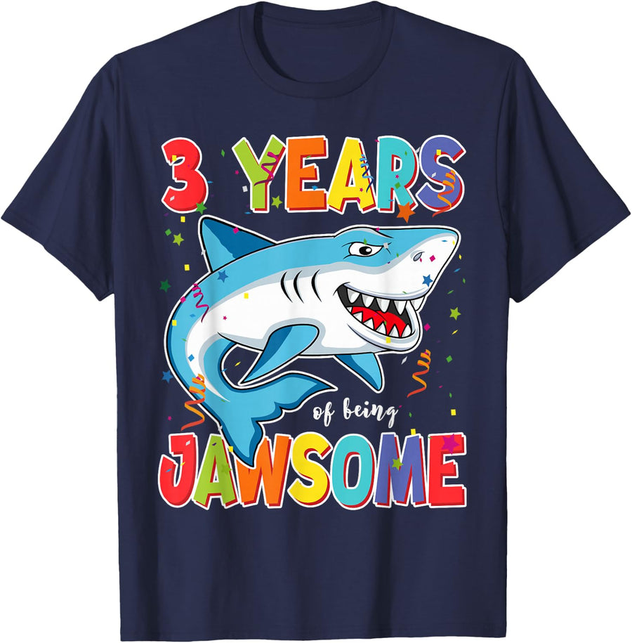 3 Year Old Boys Kids JawSome Shark 3rd Three Year Birthday T-Shirt - Navy Blue