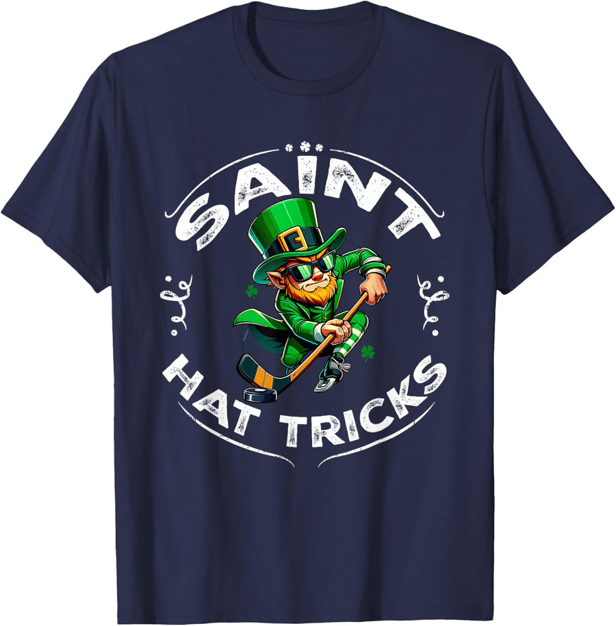 St Patrick Day Saint Hat Trick Funny Hockey Boy Kids T-Shirt - Navy Blue