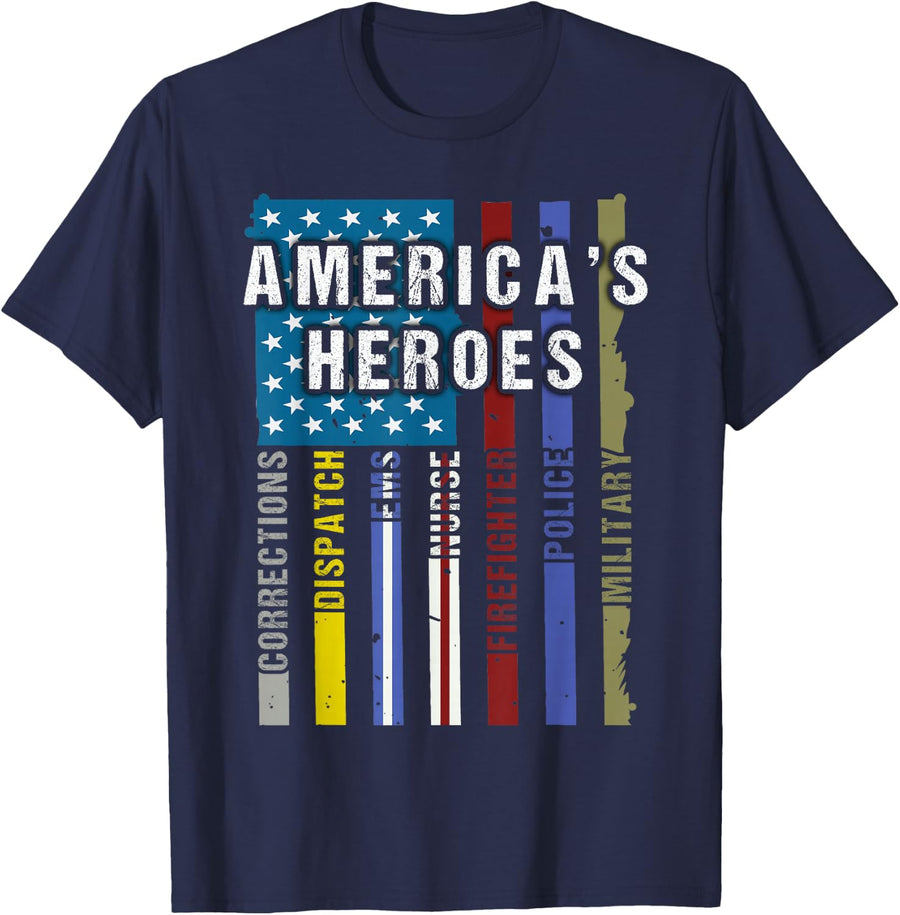 Americas Heroes Police Firefighter EMT Corrections Military First Responder Tees T Shirts - Navy Blue