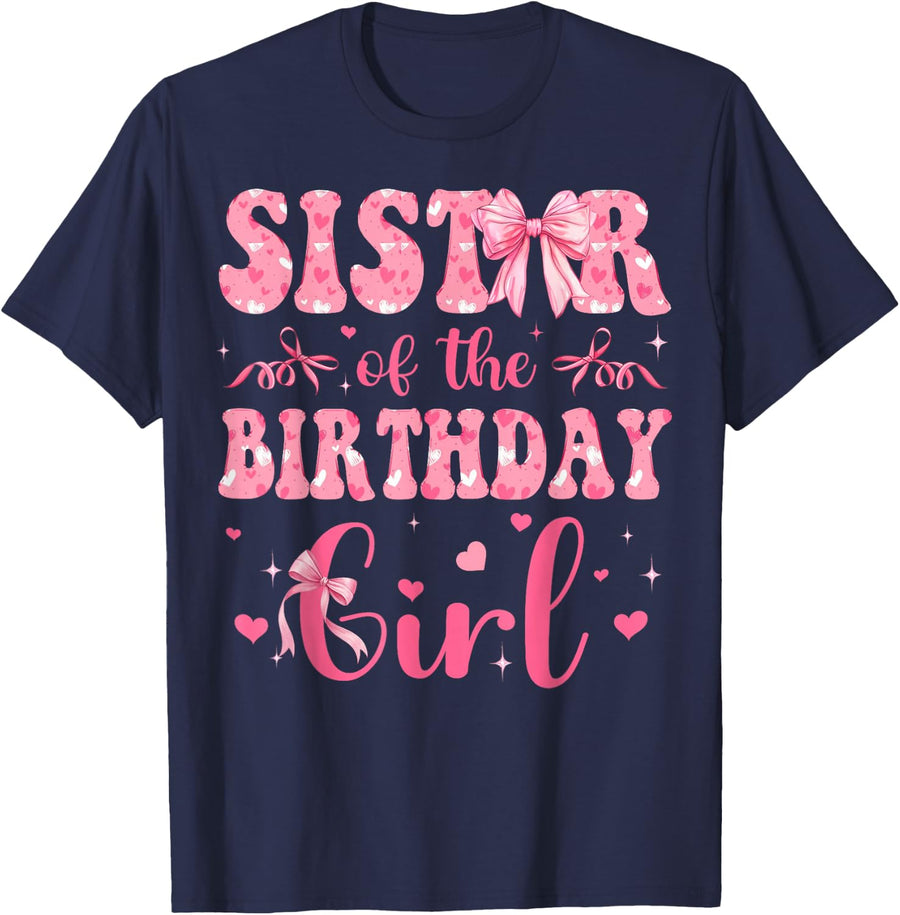 Sister of The Birthday Girl Matching Pink Coquette Bow T-Shirt - Navy Blue