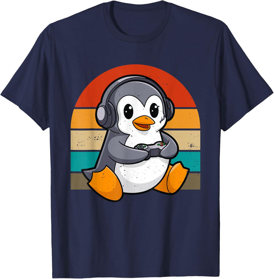 Retro Vintage Penguin Video Gamer Kawaii Gaming T-Shirt - Navy Blue