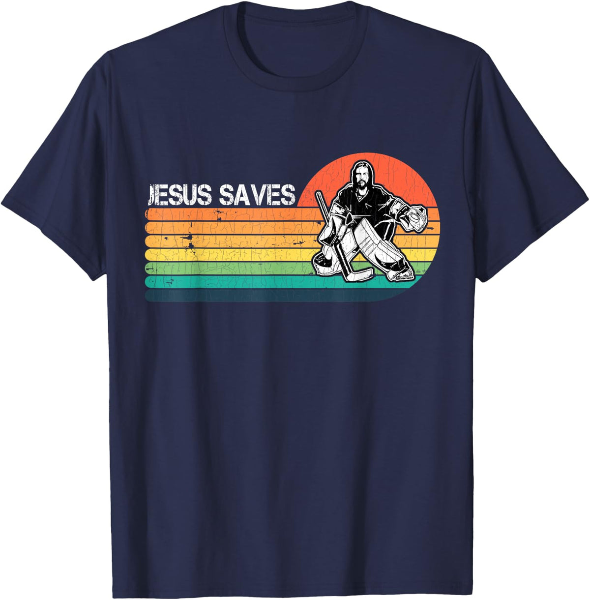Vintage Retro Sunset Jesus Saves Hockey Player Jesus Lover T-Shirt - Navy Blue