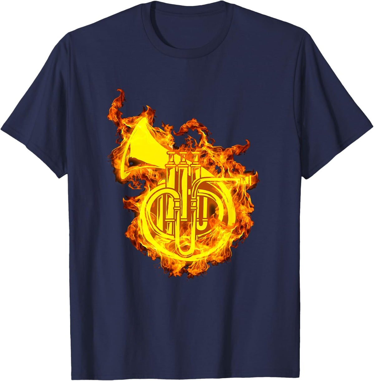 French Horn In Flames Gift Horn Lover T-Shirt - Navy Blue