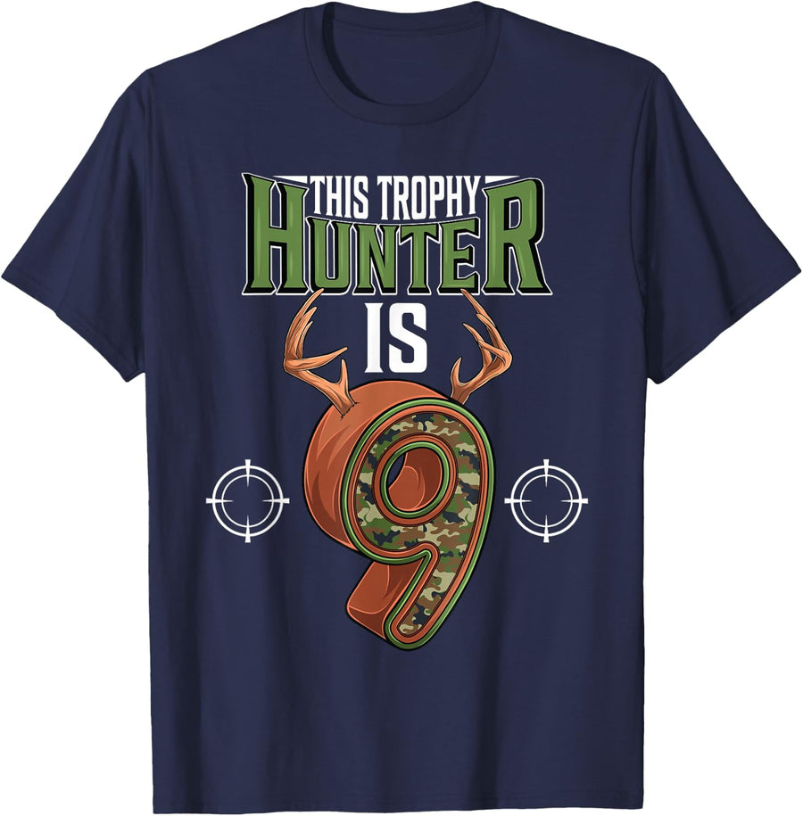 9 Year Old Hunting 9th Birthday Party Deer Hunter T-Shirt - Navy Blue