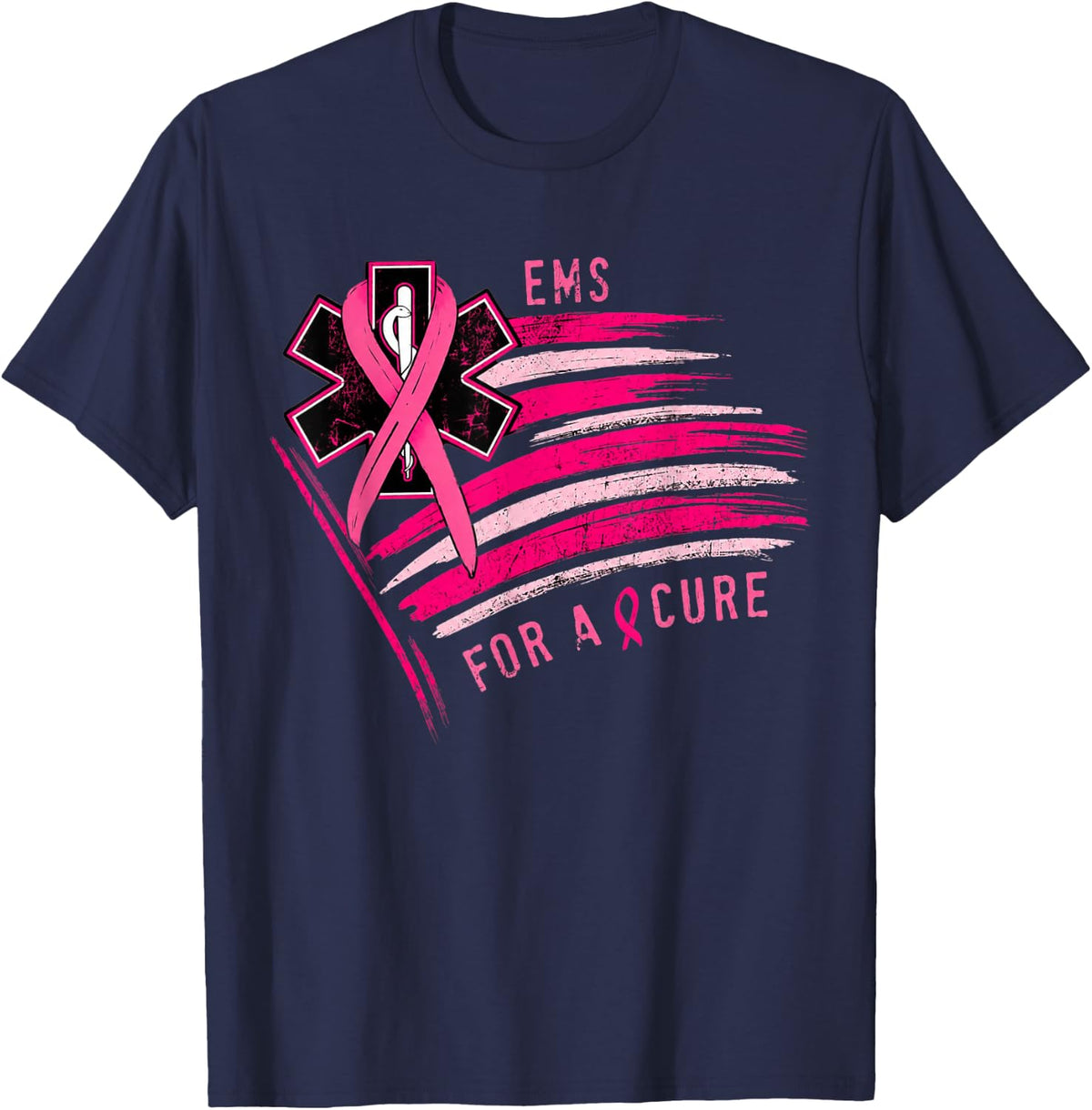 EMS for A Cure Breast Cancer Awareness Pink Ribbon Paramedic T-Shirt - Navy Blue