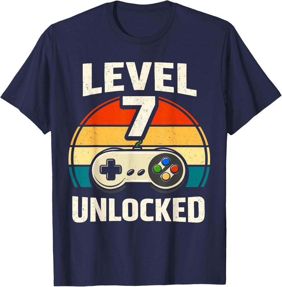 7th Birthday Level 7 Unlocked Gamer Gaming Seven Birthday T-Shirt - Navy Blue