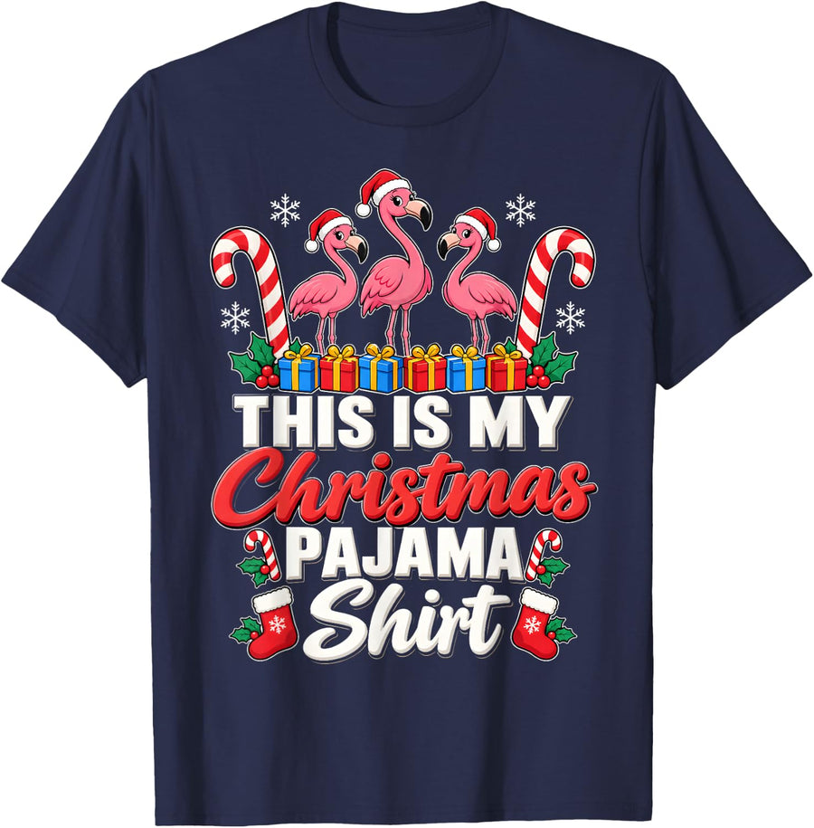 This is My Christmas Pajama Shirt Flamingo Tropical Bird T-Shirt - Navy Blue