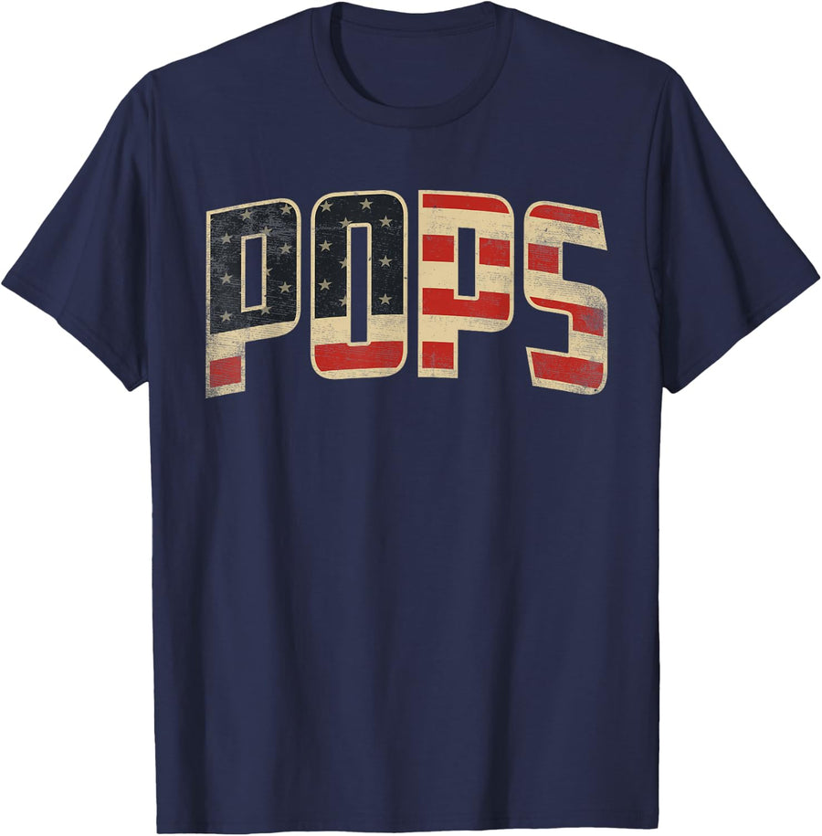 Pops Patriotic USA Vintage American Flag T-Shirt - Navy Blue