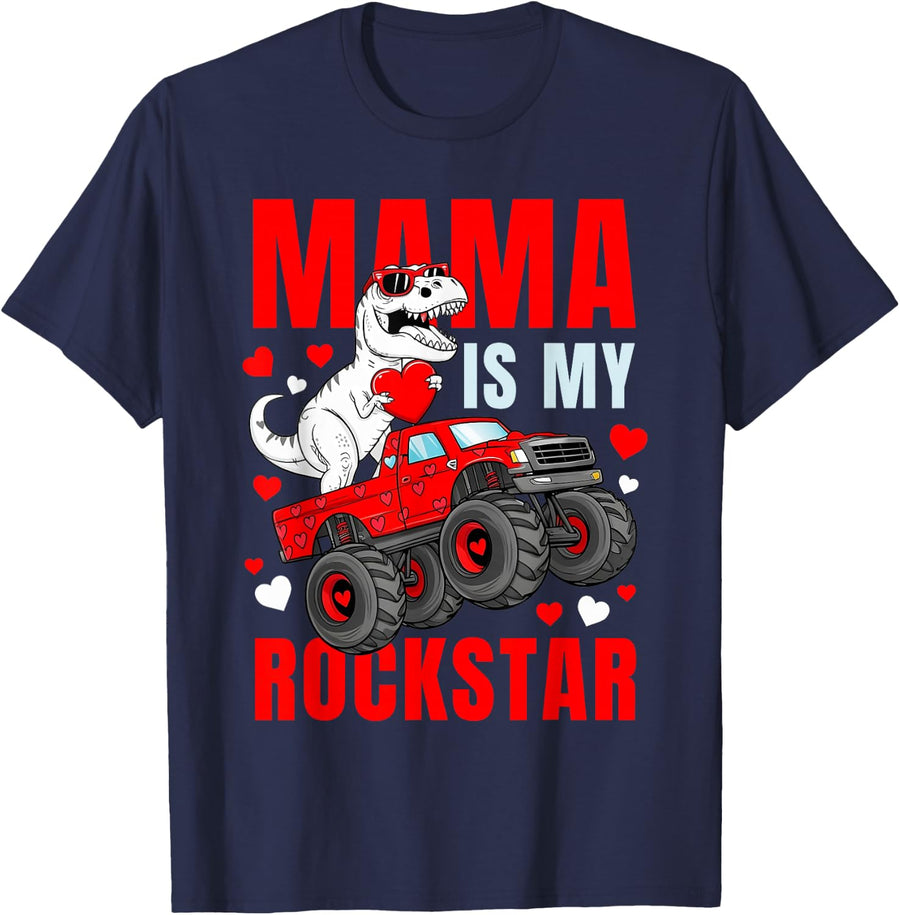 Mama Is My Rockstar Dinosaur Shirt Love Mom Tshirt T-Shirt - Navy Blue