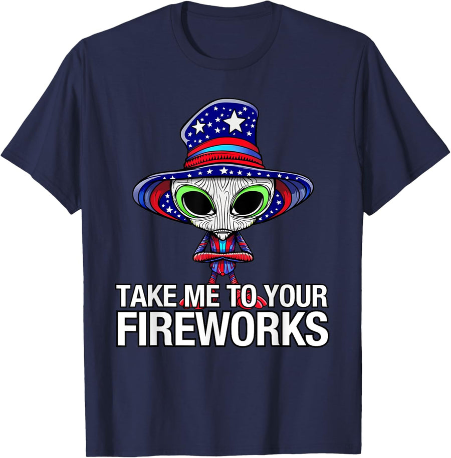 Alien 4th Of July Funny Fireworks Outfit Alien Parade Fourth T-Shirt - Navy Blue