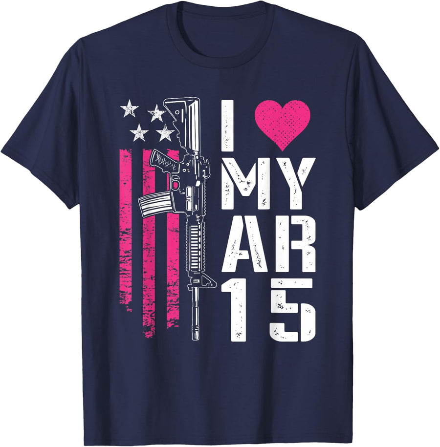 I Love My AR15 - Womens Pink AR-15 Rifle Owner USA Flag T-Shirt - Navy Blue