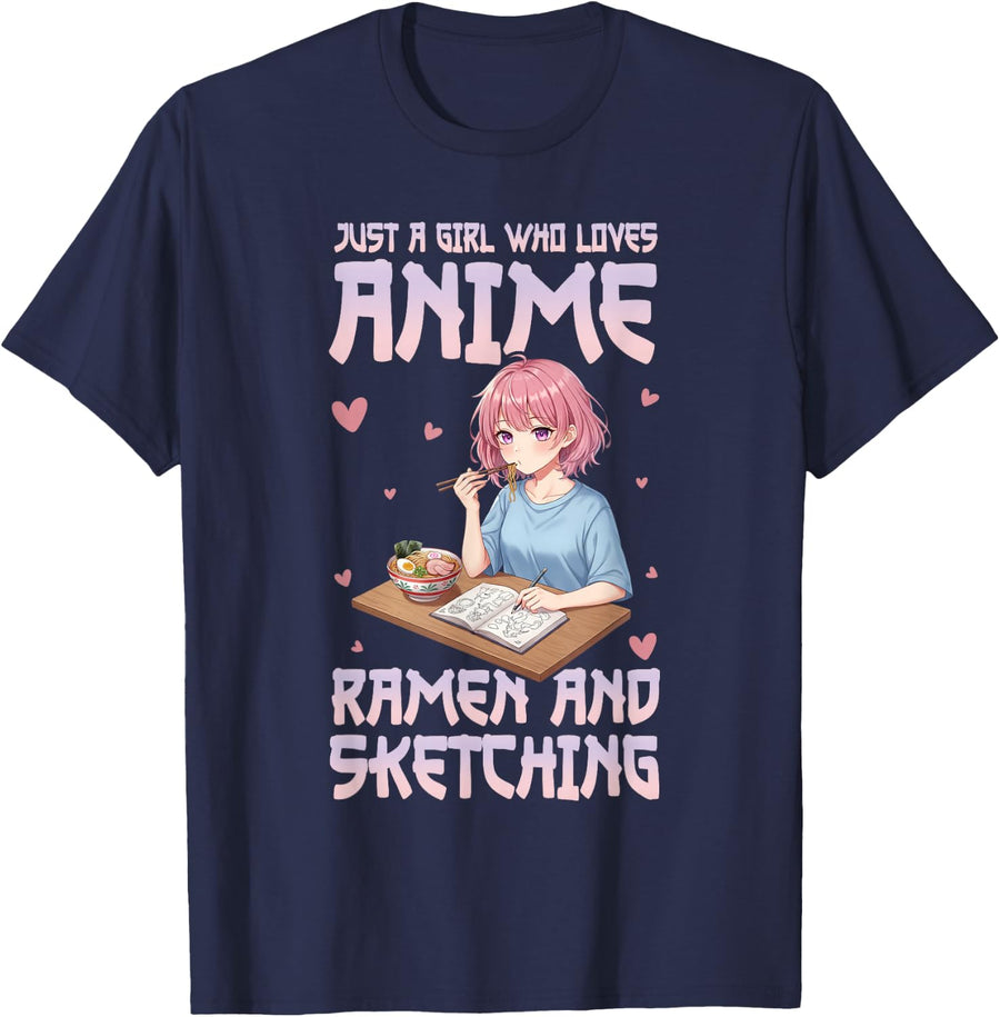 Just A Girl Who Loves Anime Ramen and Sketching Anime Lover T-Shirt - Navy Blue