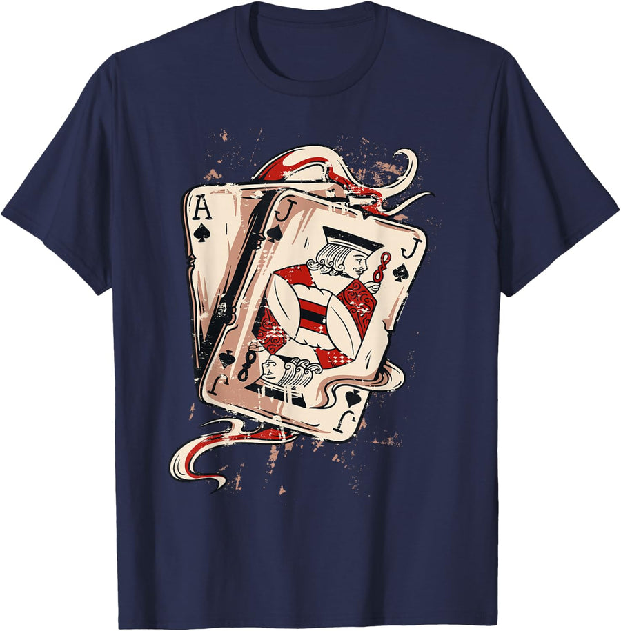 Ace and Jack Playing Cards Spades Retro Blackjack 21 T-Shirt - Navy Blue