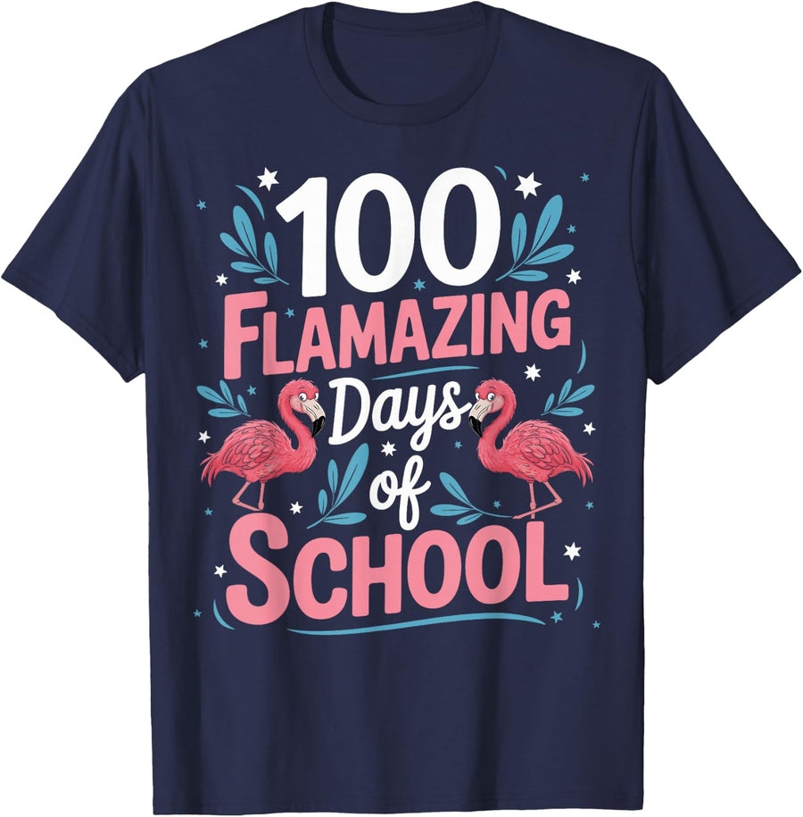 100 Flamazing Days of School - Flamingo Lover Kinder Student T-Shirt - Navy Blue