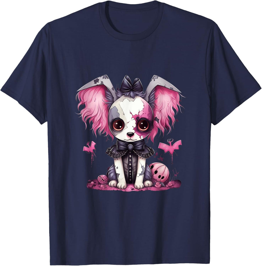 Kawaii Creepy Pastel Goth Dog with Emo Bows and Pink Bat T-Shirt - Navy Blue