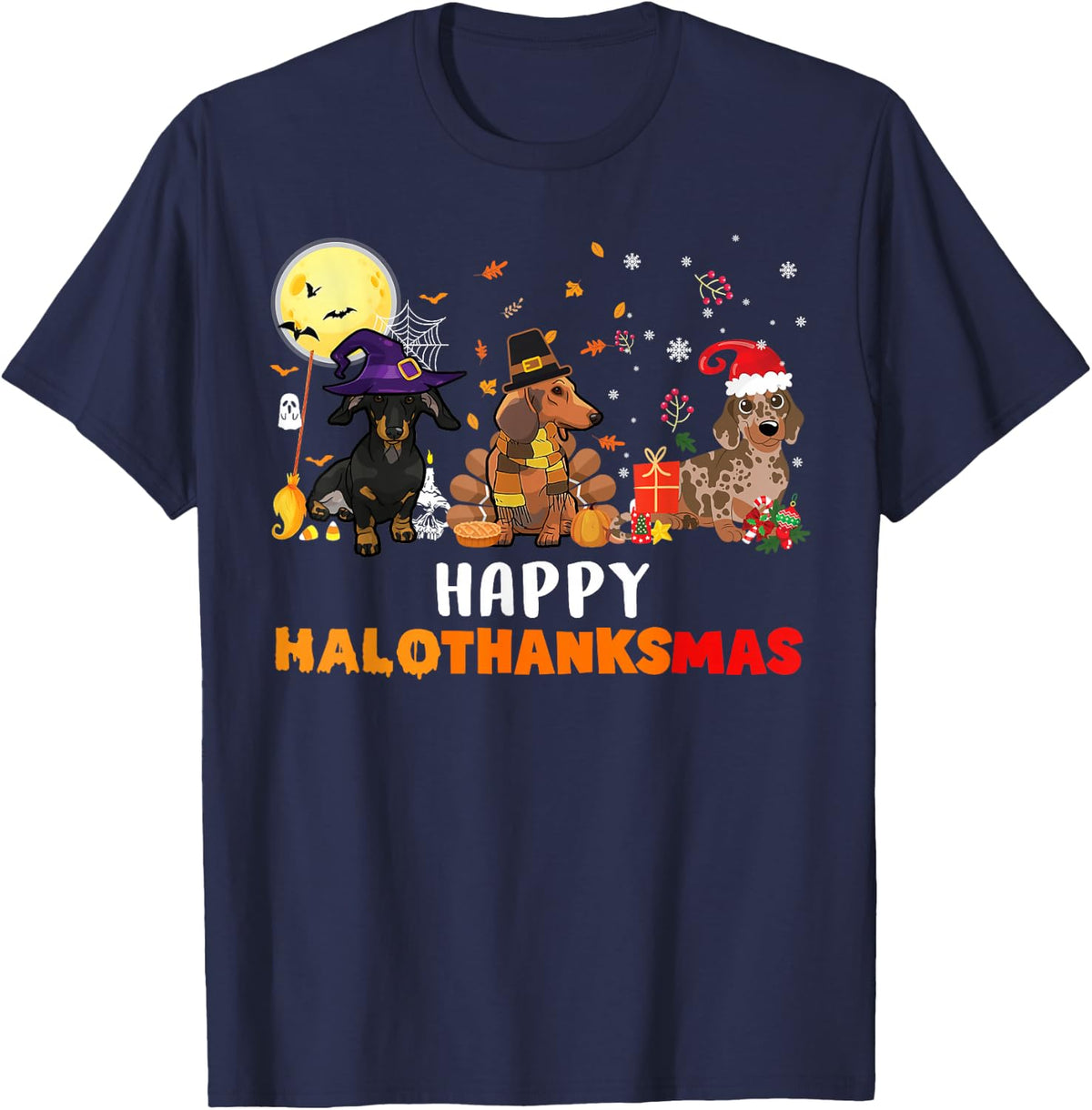 Happy Hallothanksmas Dachshund Dog Lover Halloween Christmas T-Shirt - Navy Blue