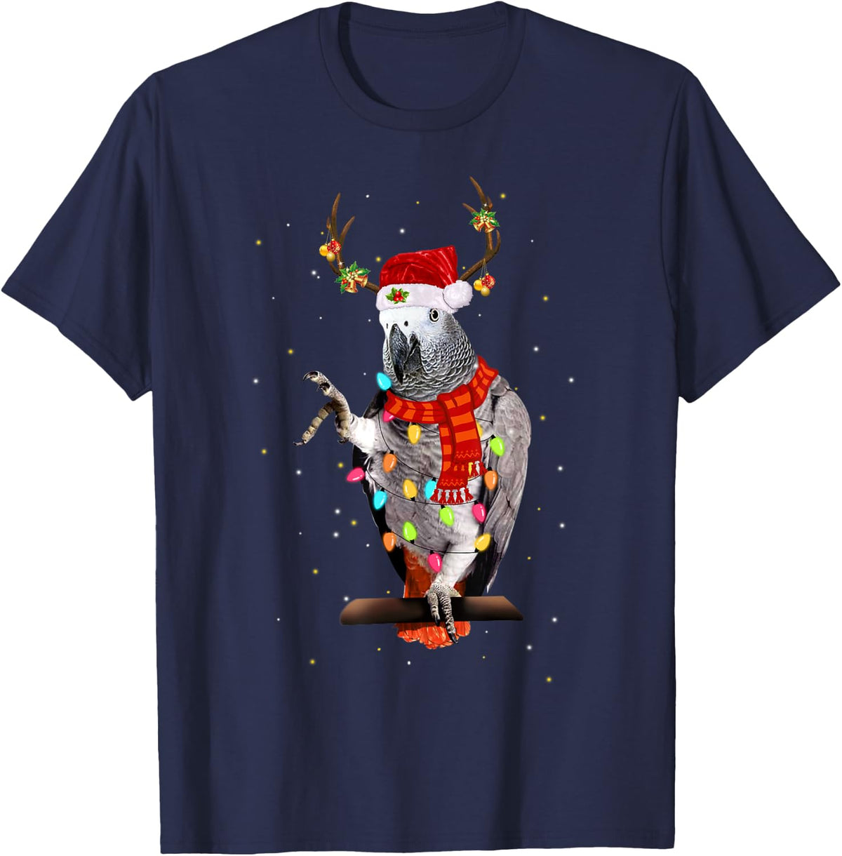 African Grey Parrot Reindeer Christmas Light Funny Gift T-Shirt - Navy Blue