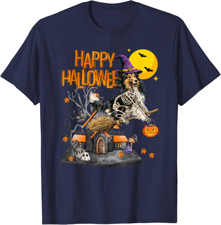 Funny Witch Shetland Sheepdog Spooky Dog Lover Halloween T-Shirt - Navy Blue