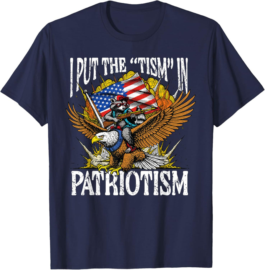 I Put Tism in Patriotism Raccoon Bald Eagle 4th of July USA T-Shirt Tee - Navy Blue