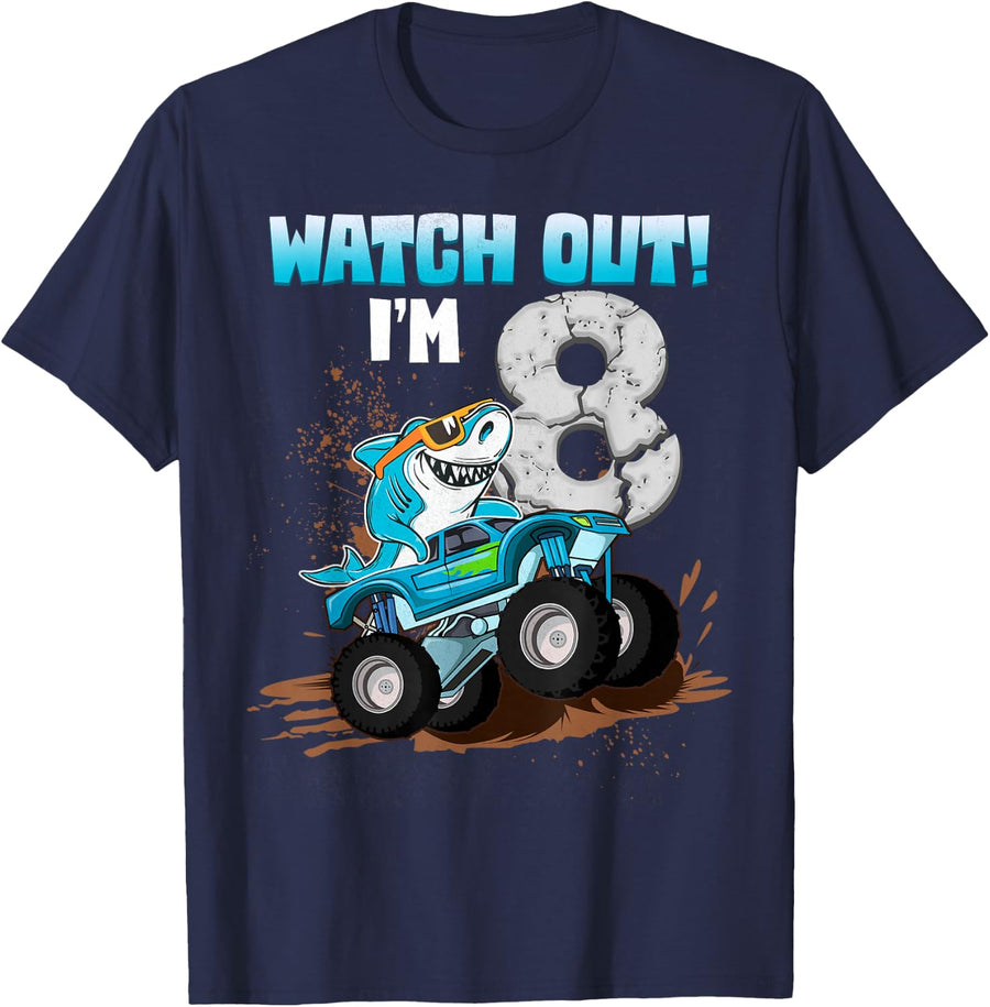 8 Years Old 8th Birthday Shark Boy Girl Monster Truck Gamer T-Shirt - Navy Blue