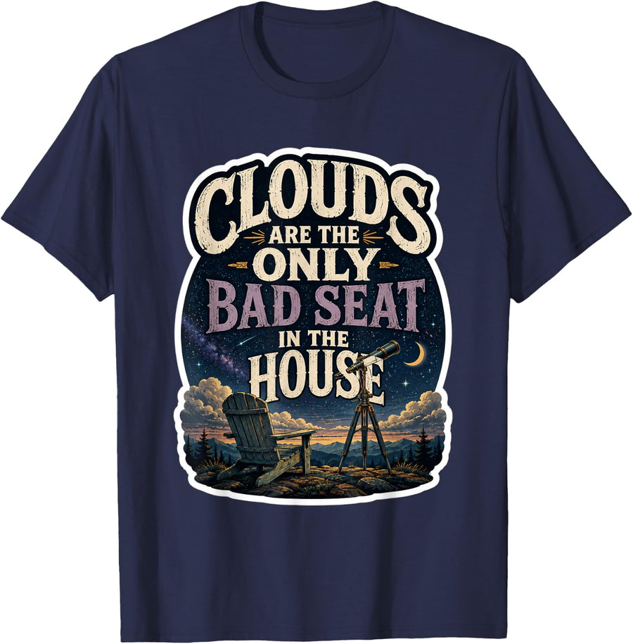 Astronomy Clouds Star Gazing Galaxy Planets T-Shirt - Navy Blue