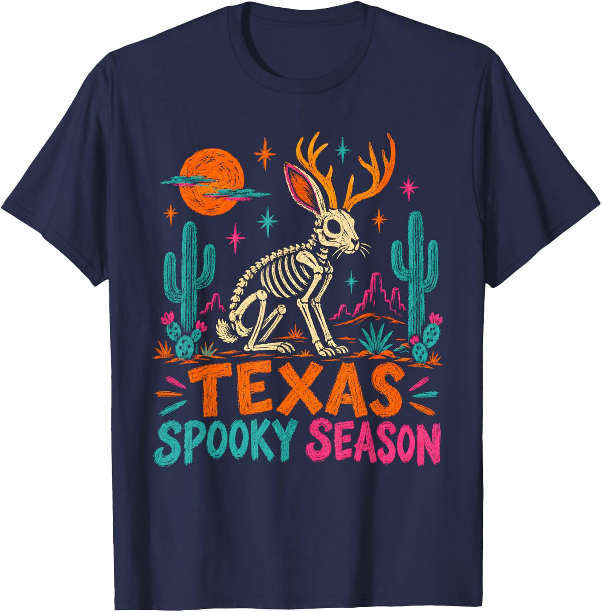 Texas Spooky Season Jackalope Skeleton Desert Art T-Shirt - Navy Blue