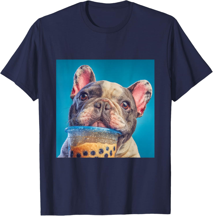 French Bulldog Bubble Tea Boba Dog T-Shirt - Navy Blue