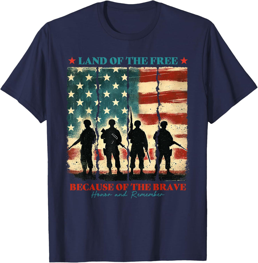 Land Of The Free Usa American Flag 4th Of July Veteran T-Shirt - Navy Blue