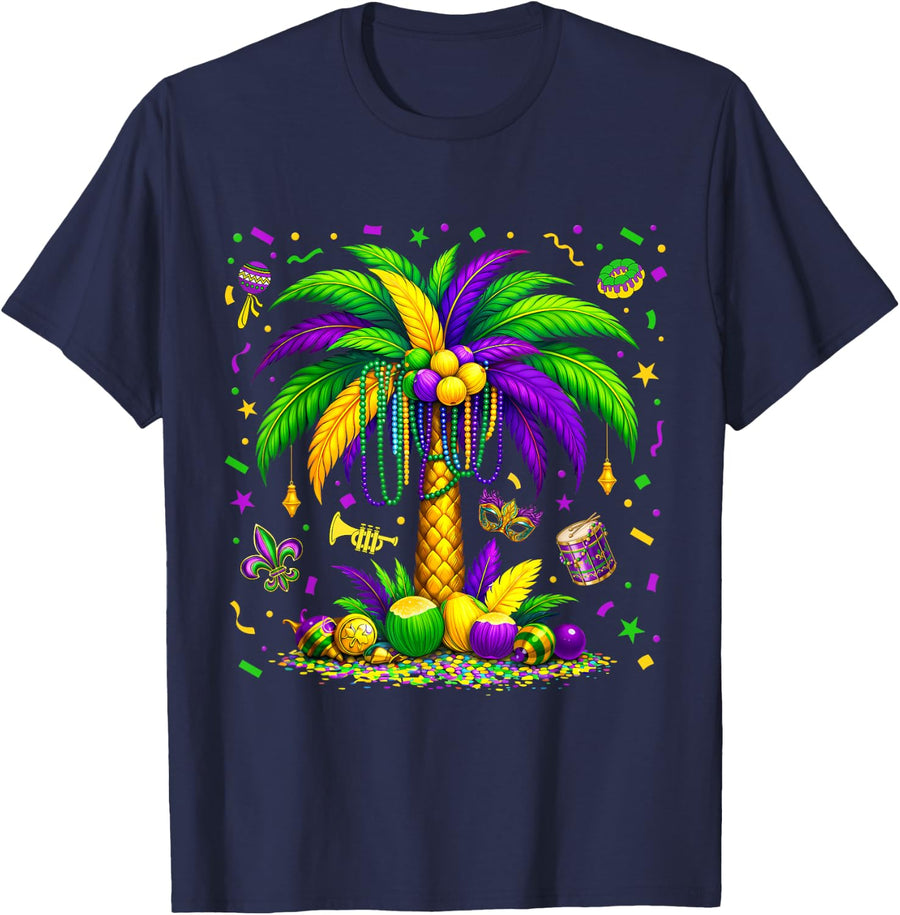 Palm Tree Hawaiian Tropical Party Mardi Gras Men Women Kids T-Shirt - Navy Blue