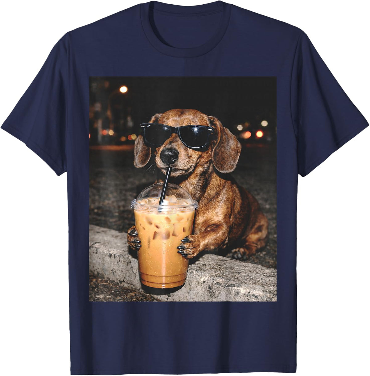 Dachshund Drinking Iced Coffee Funny Dachshund Dog Lover T-Shirt - Navy Blue
