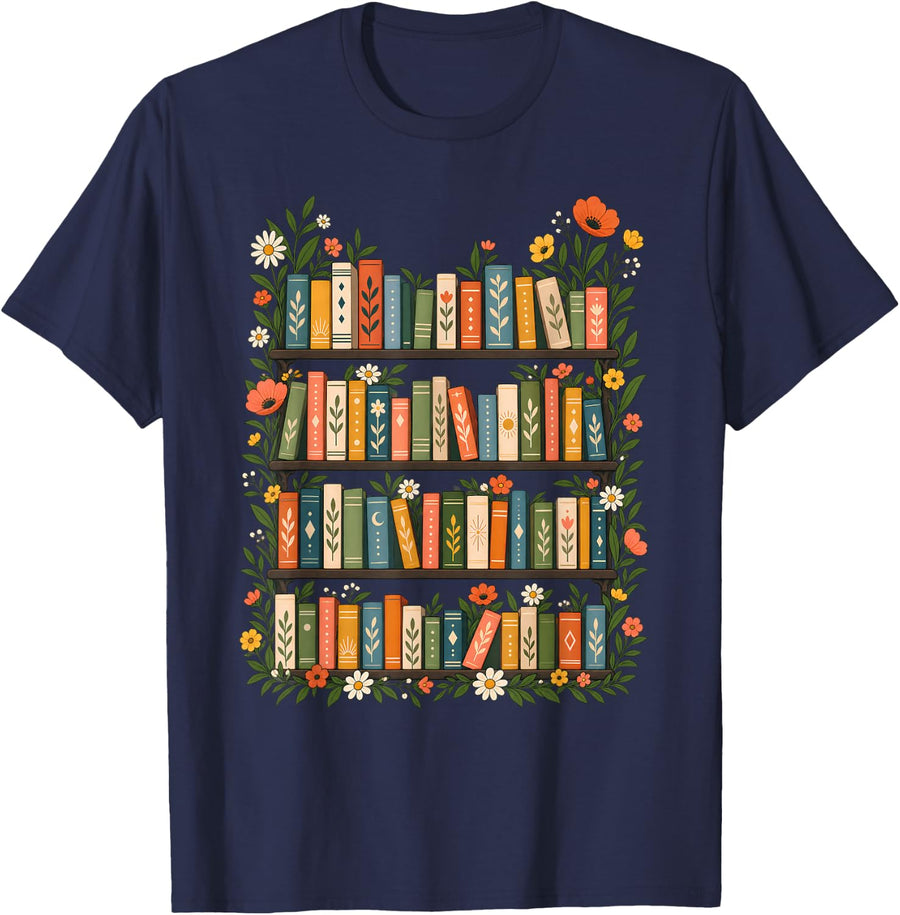 Bookshelf Floral Reading Book Lover Library Botanical Decor T-Shirt - Navy Blue