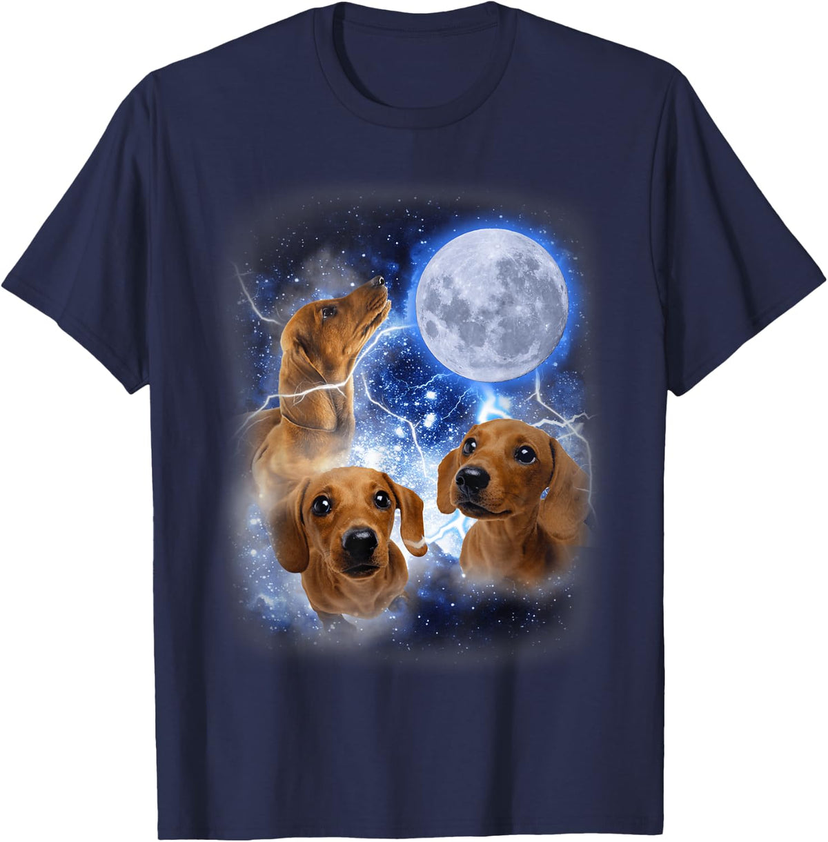 Three Dachshund Moon - Wiener Dog Humorous Doggo Meme Parody T-Shirt - Navy Blue