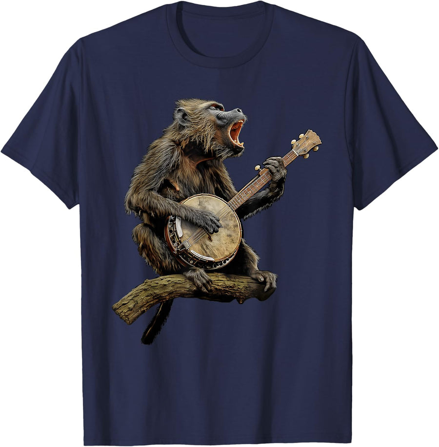 Baboon Monkey Bluegrass Banjo Player T-Shirt - Navy Blue