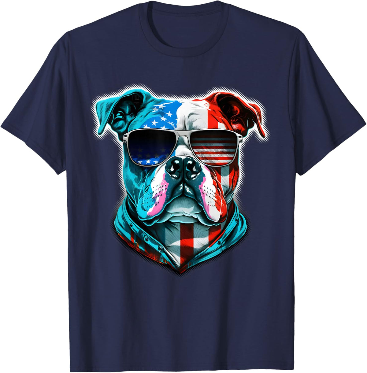 Bulldog Dog American Flag Sunglasses - Red/White/Blue T-Shirt - Navy Blue