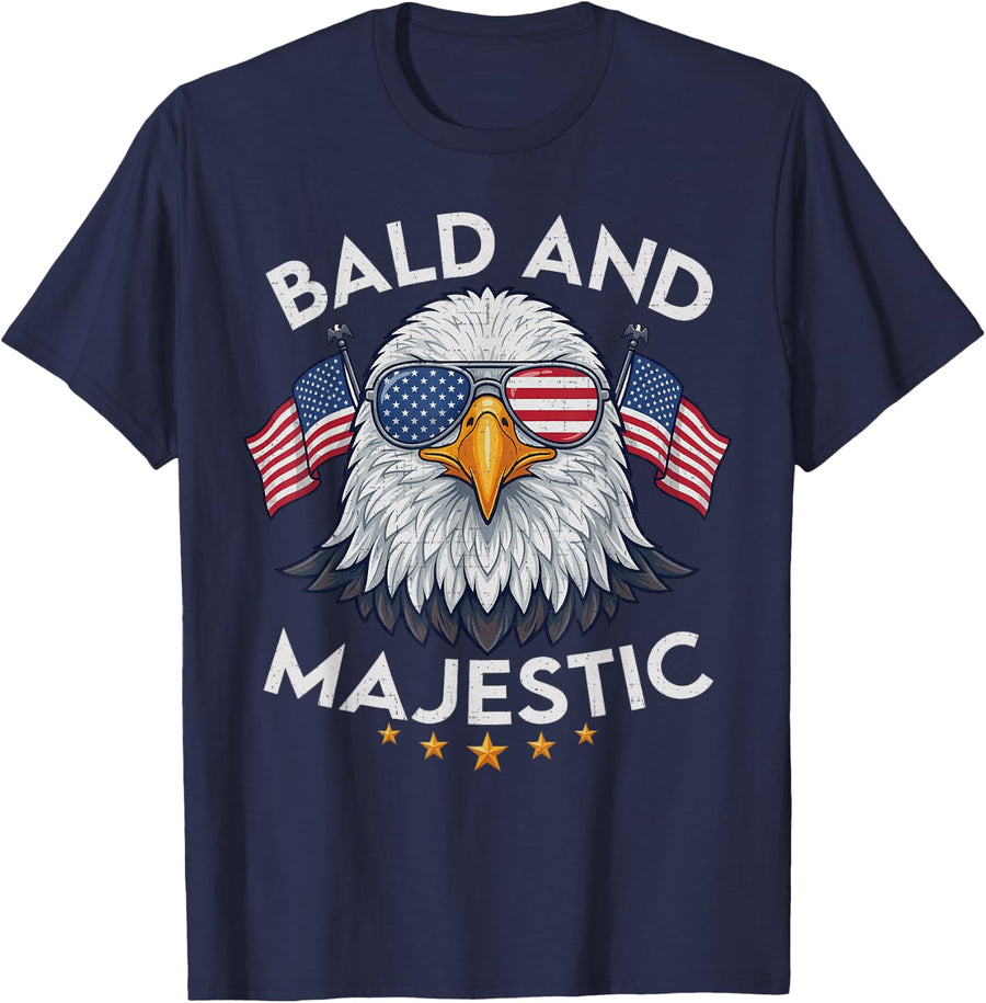 Bald and Majestic 4th of July Bald Eagle Tees Independence Day T-Shirt - Navy Blue