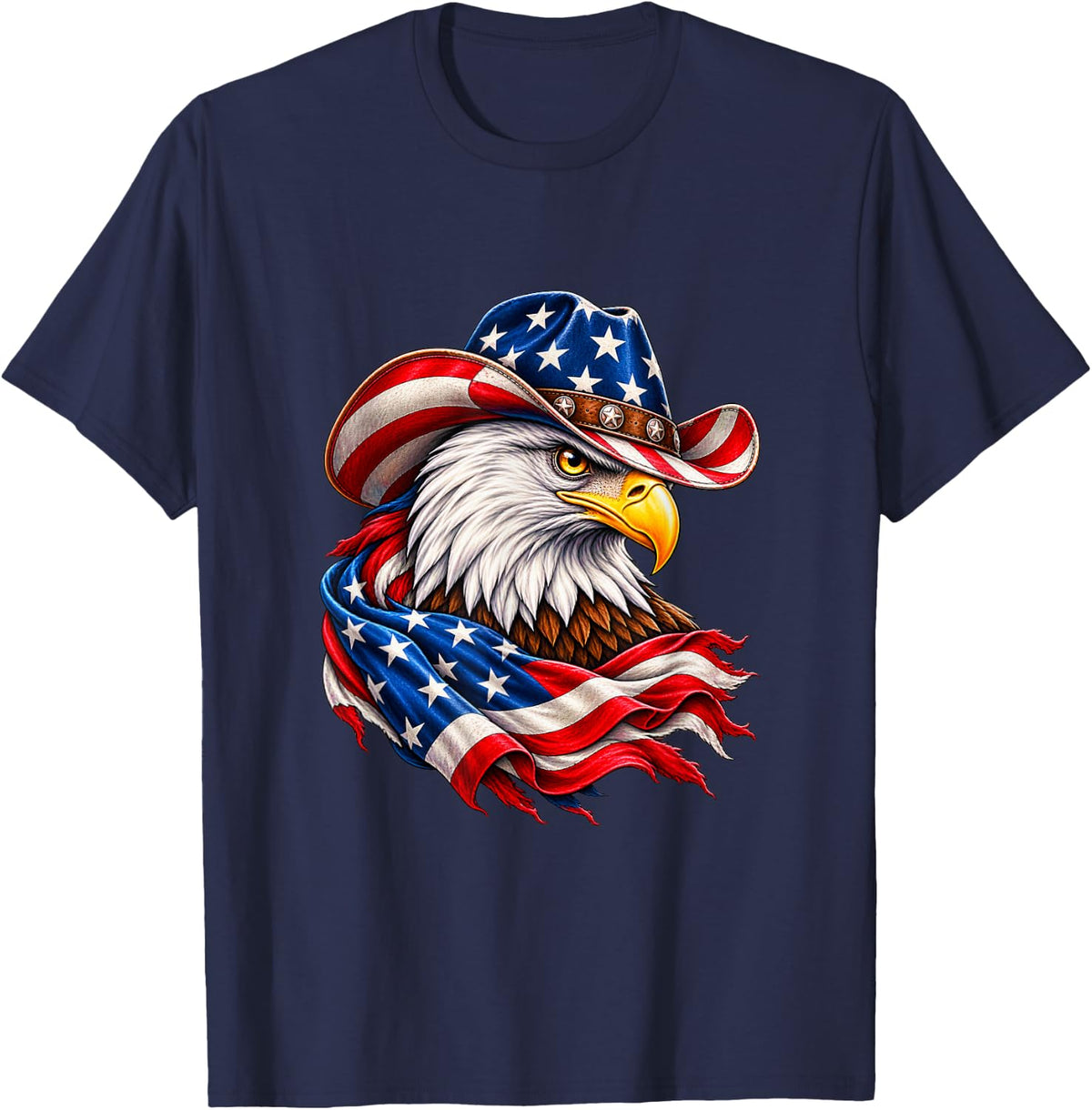 Patriotic Bald Eagle American Flag Cowboy Hat 9/11 T-Shirt - Navy Blue