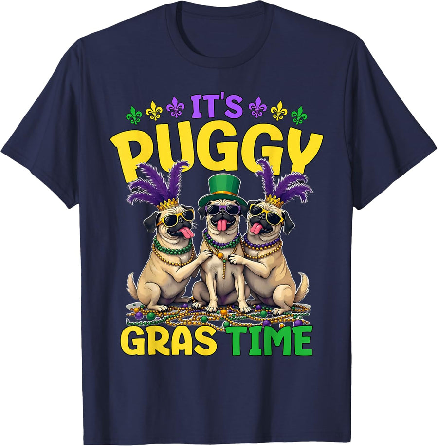 Mardi Gras Pug Time Mardi Gras T-Shirt - Navy Blue