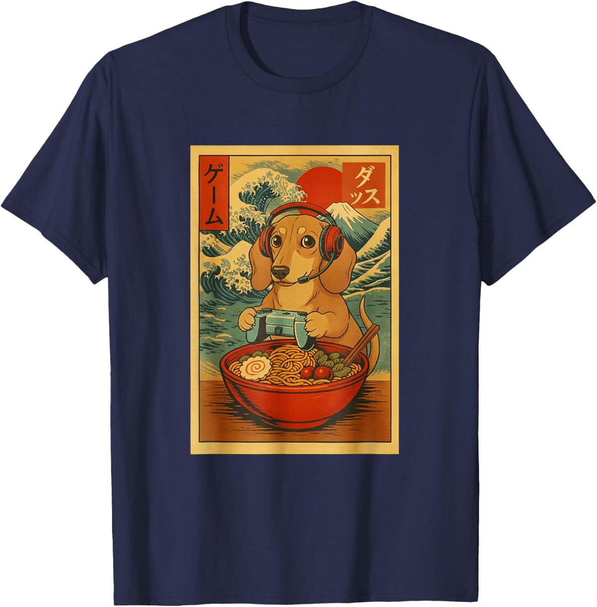 Dachshund Gaming Ramen Japanese Ukiyo-e Retro Graphic Tees T Shirts - Navy Blue
