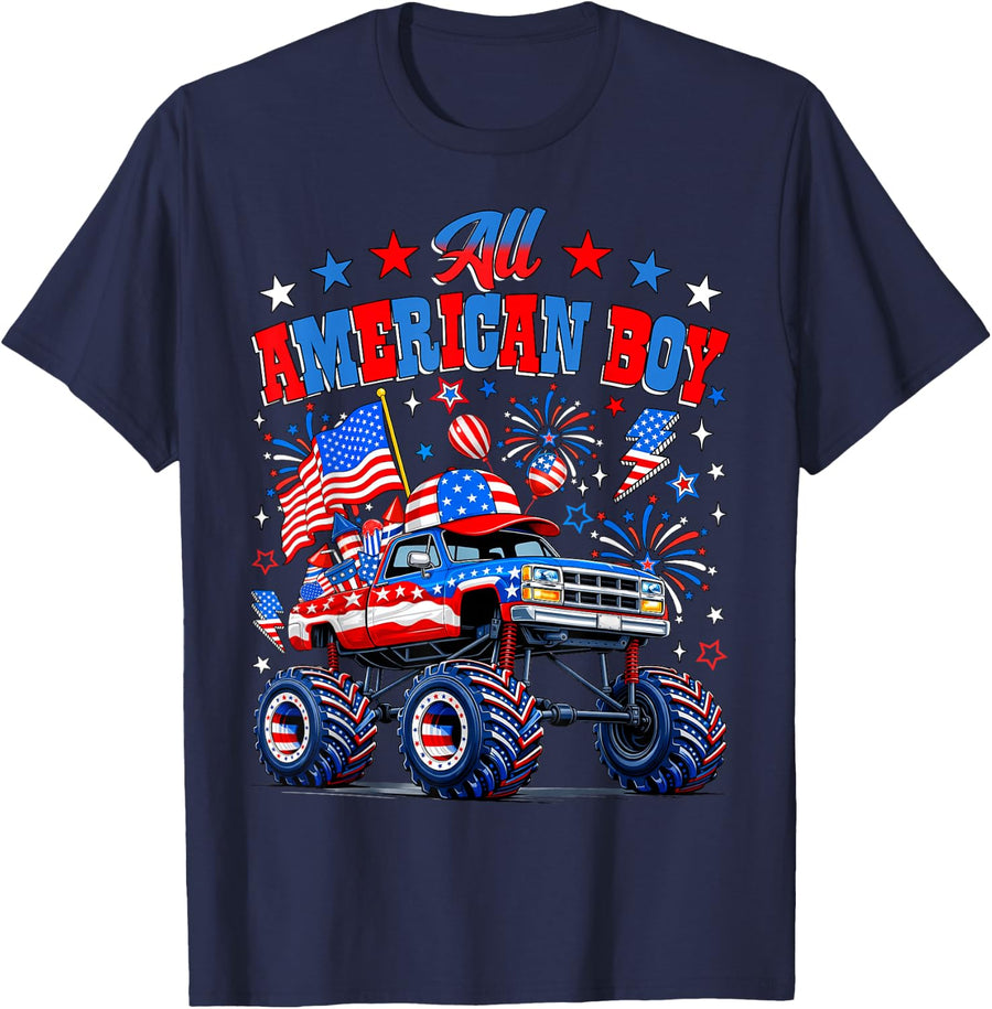 All American Boy Monster Truck 4th of July Patriotic Kids T-Shirt - Navy Blue
