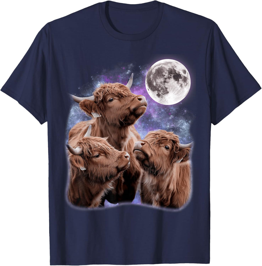 3 Highland Cow Howling at the Moon Meme Funny Cow Lover T-Shirt - Navy Blue