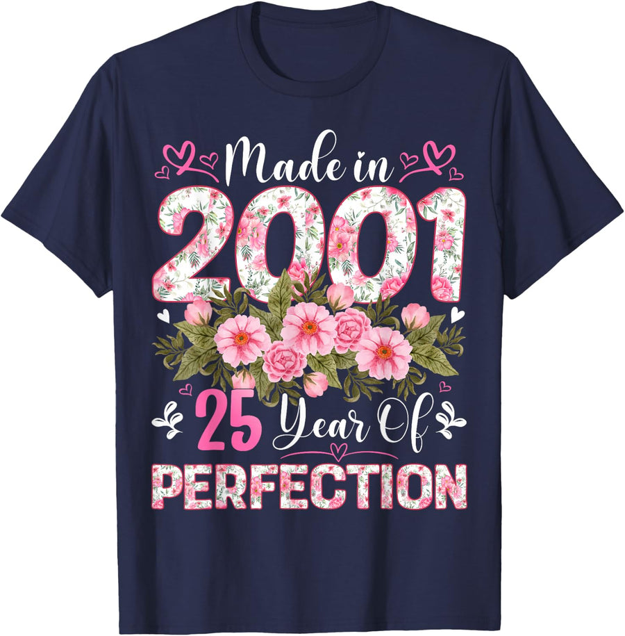 25 Year Old Made in 2001 Floral 25th Birthday Women T-Shirt - Navy Blue