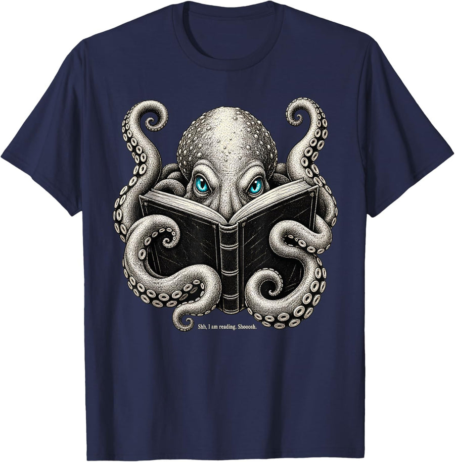 Shh I Am Reading Octopus Book Lover Vintage Ocean Reader T-Shirt - Navy Blue
