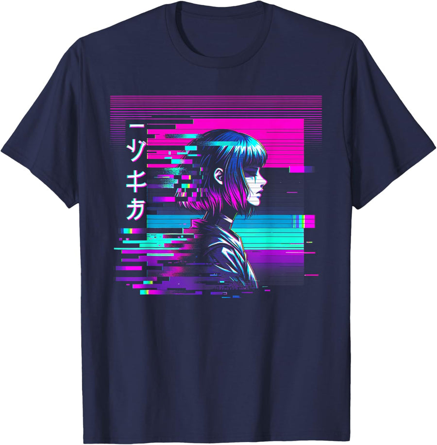 Cyberpunk Anime Girl Vaporwave Synthwave Glitch Art T-Shirt - Navy Blue