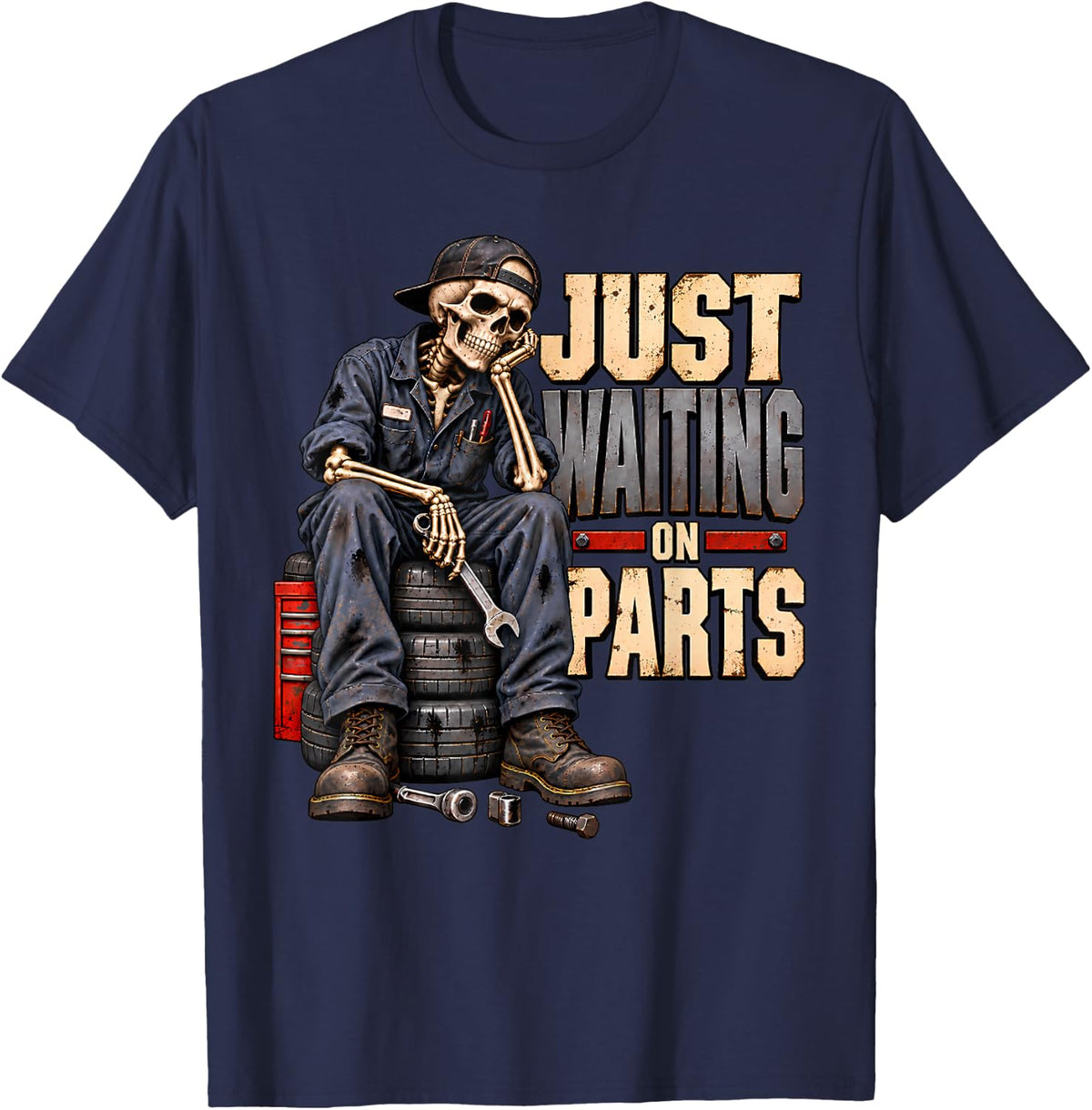 Mechanic Skeleton Top Garage Workwear Just Waiting On Parts T-Shirt - Navy Blue