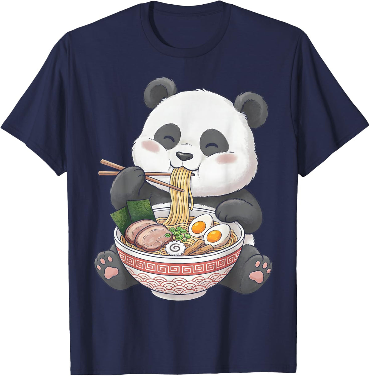Cute Panda Eating Ramen Kawaii Japanese Noodles Lover T-Shirt - Navy Blue