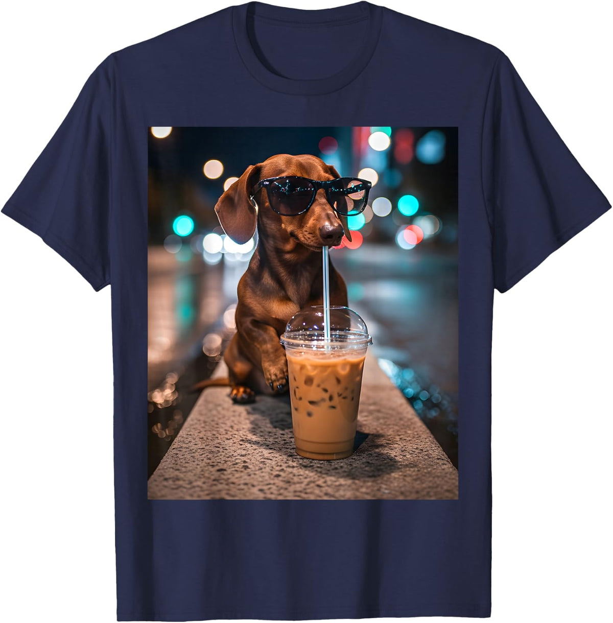 Cool Dachshund Drinking Iced Coffee Funny Wiener Dog T-Shirt - Navy Blue