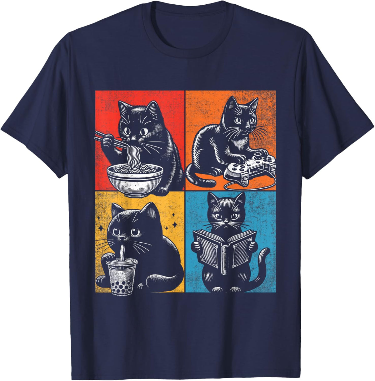 Funny Cat Ramen Boba Gaming And Reading Books Lover. Anime T-Shirt - Navy Blue