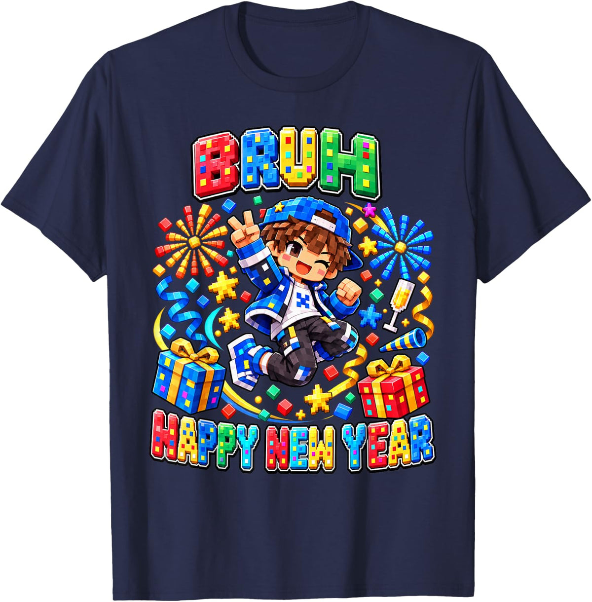 Dabbing Pixel Boy Gamer Shirt Bruh Its New Year Boy T-Shirt - Navy Blue