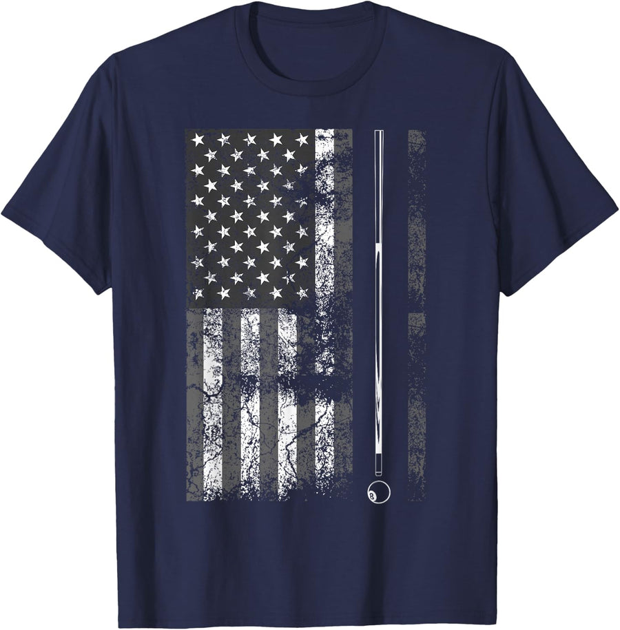 American Flag Billiard Stick Cute Table Game Funny USA Gift T-Shirt - Navy Blue